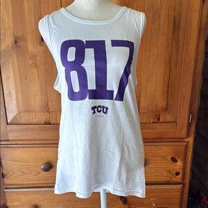 Port & Company White Sleeveless Top with Purple 817 Print. TCU. Size small.